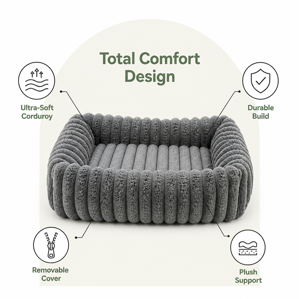 Soft Corduroy Bolster Dog Bed Removable Cover