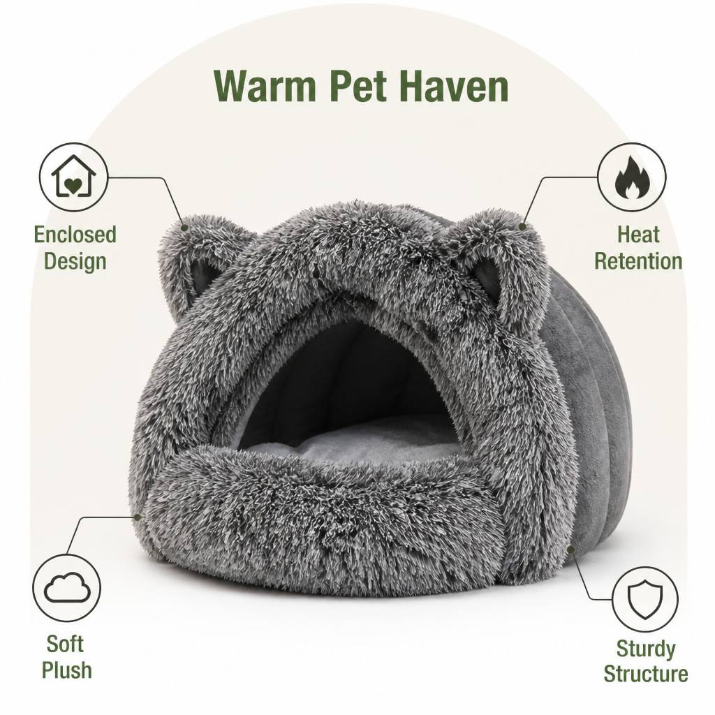 Warm Polyester Fiber Hooded Pet Nest Bed