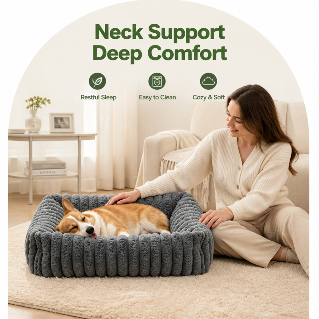 Soft Corduroy Bolster Dog Bed Removable Cover